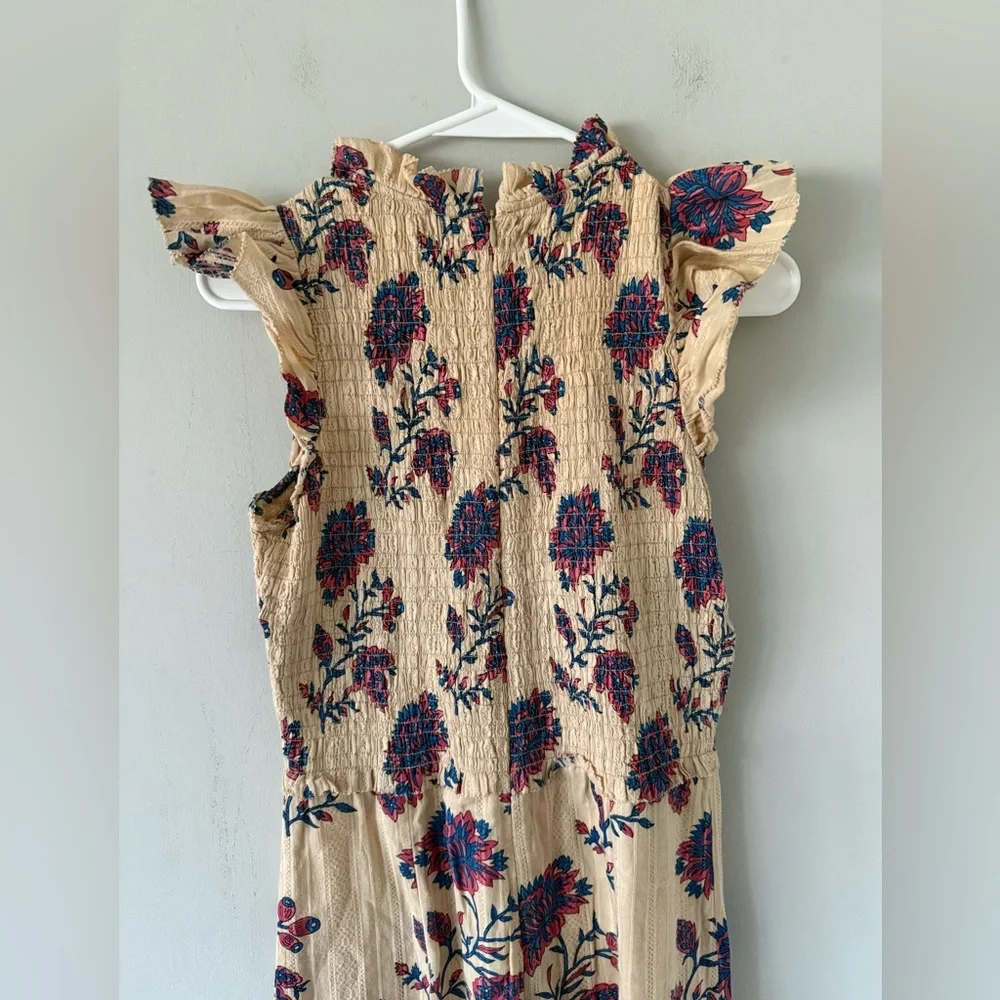 Sea New York Beige Floral Maxi Dress with Ruffle Shoulder mock neck 100% cotton - Picture 5 of 8